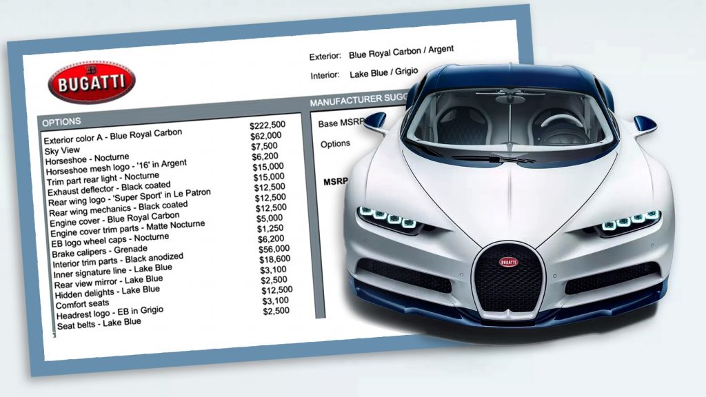 Here’s A Bugatti Chiron’s Window Sticker With A Ferrari’s Worth In Options, Including 2k For Exposed Carbon Body